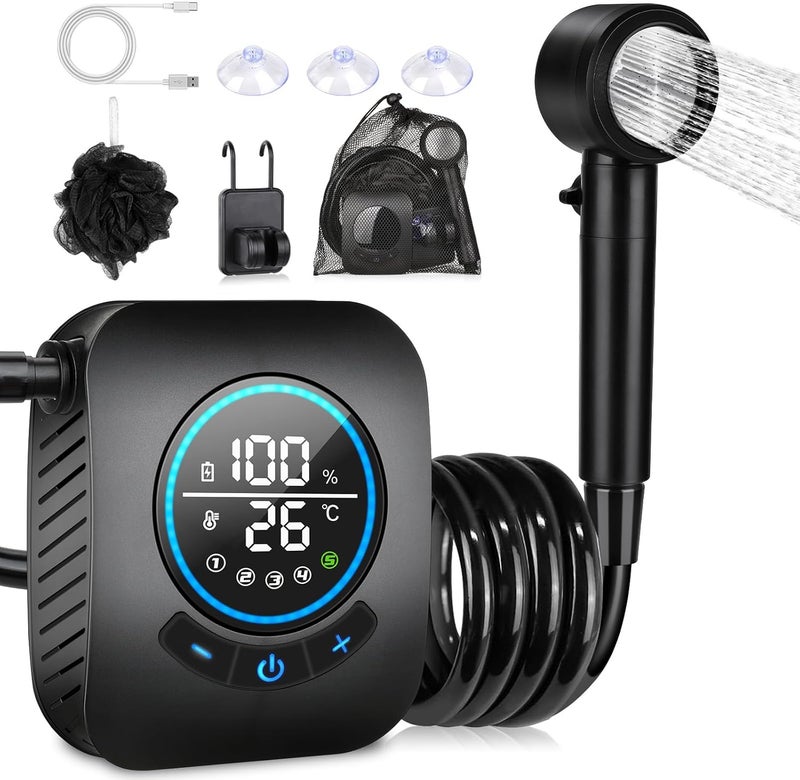 Spopal Portable Shower for Camping, [Upgraded] 8000mAh Rechargeable Camping Shower with 5 Adjustable Speeds, 4 Spray Modes, LED Display, IPX8 Waterproof Outdoor Shower Kit for Hiking, Travel, Car, Pet - Image 1